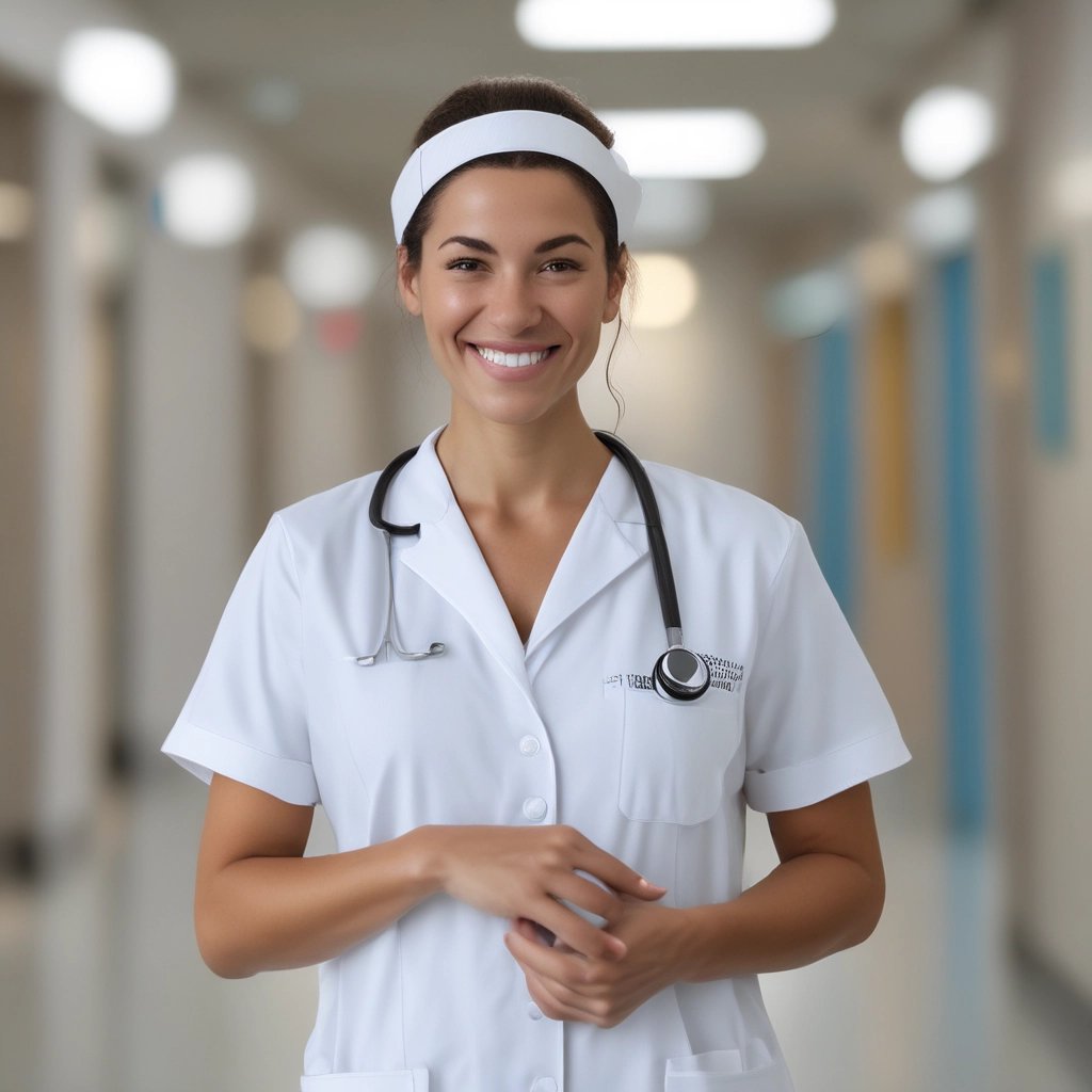 enfermera sonriendo en un corredor de un hospital