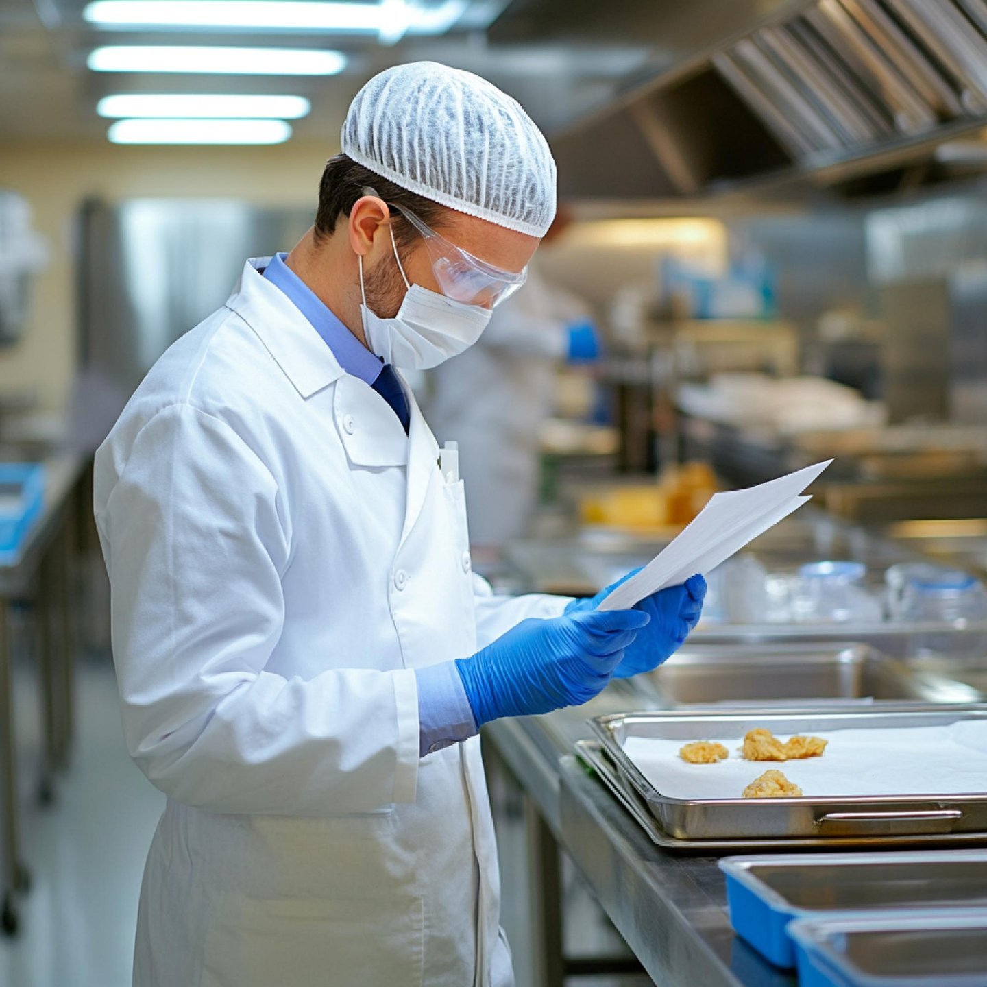A food safety inspector in a white lab coat and hairnet reviewing quality control documents in a commercial kitchen.