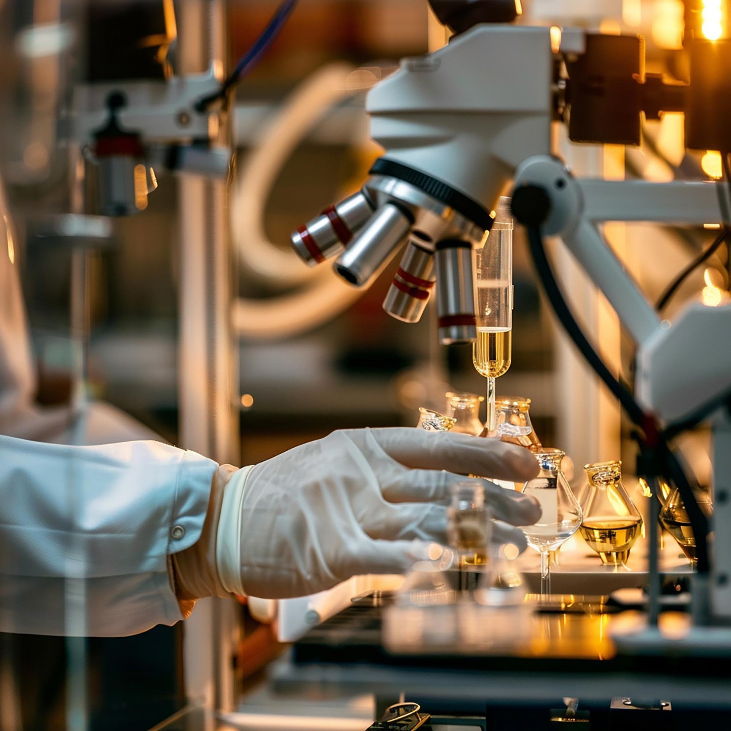 ​Scientist in white gloves using a laboratory microscope to analyze liquid enzyme samples in glass v