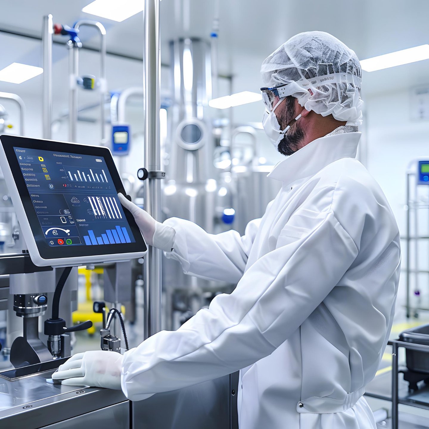A food lab technician in a cleanroom using a touch screen to monitor food manufacturing processes.