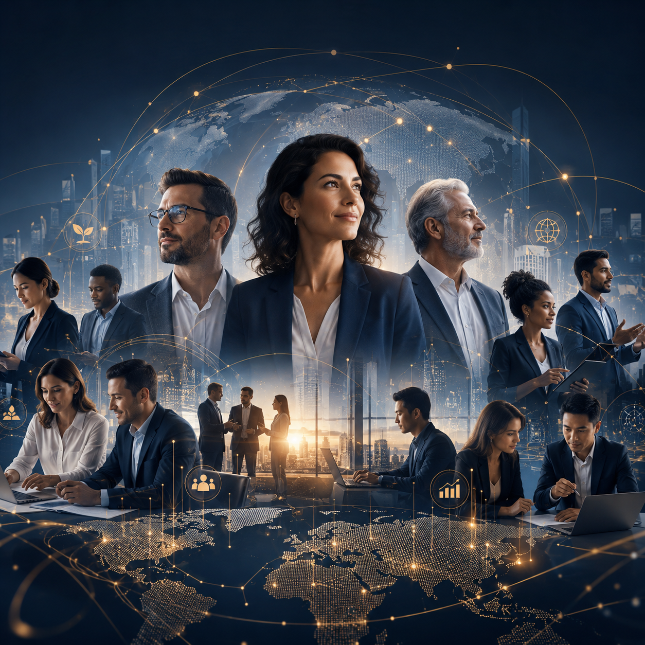 Diverse business professionals collaborating globally with digital network connections and world map overlays.