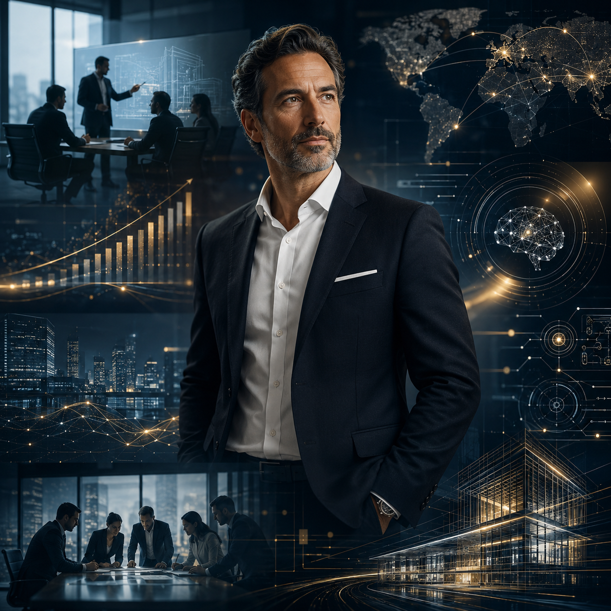 A visionary businessman surrounded by digital data overlays of global analytics and AI technology.