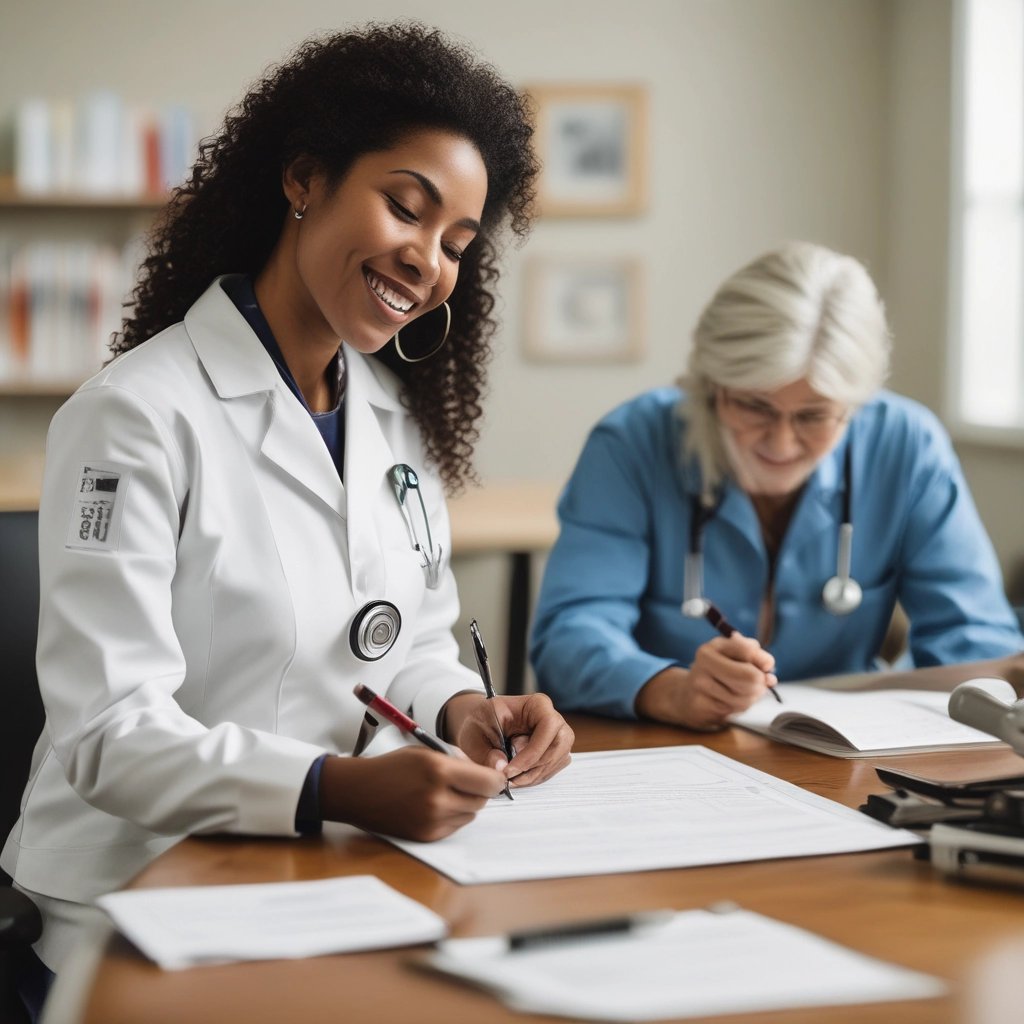 A warm, welcoming notary professional greeting a family at their home in a cozy living room.