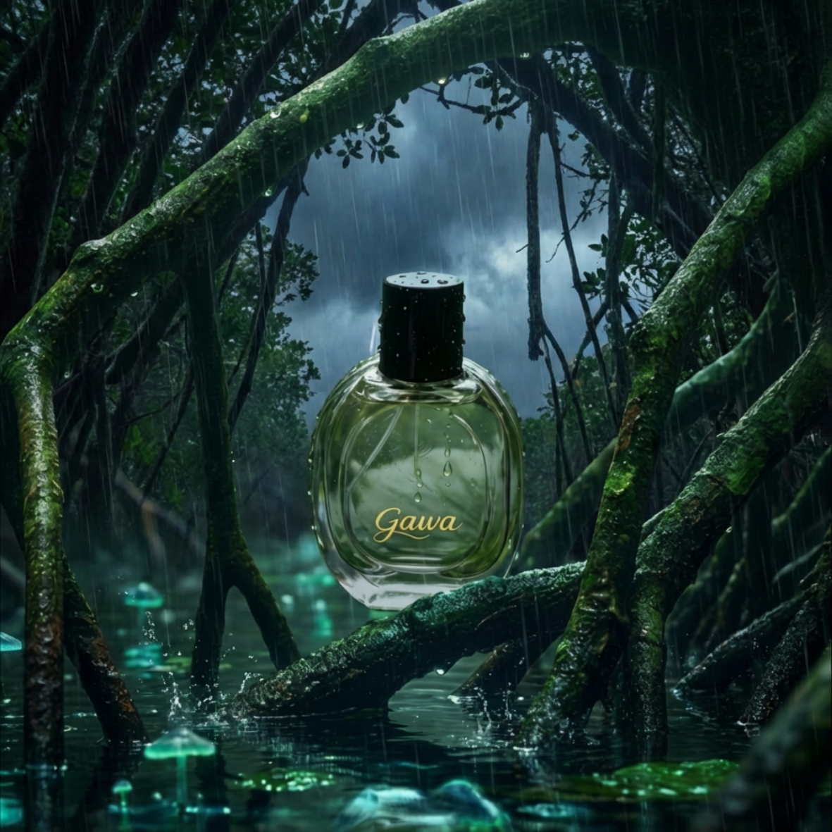 Gawa luxury perfume bottle in a rainy tropical jungle landscape with mangroves and glowing mushrooms.