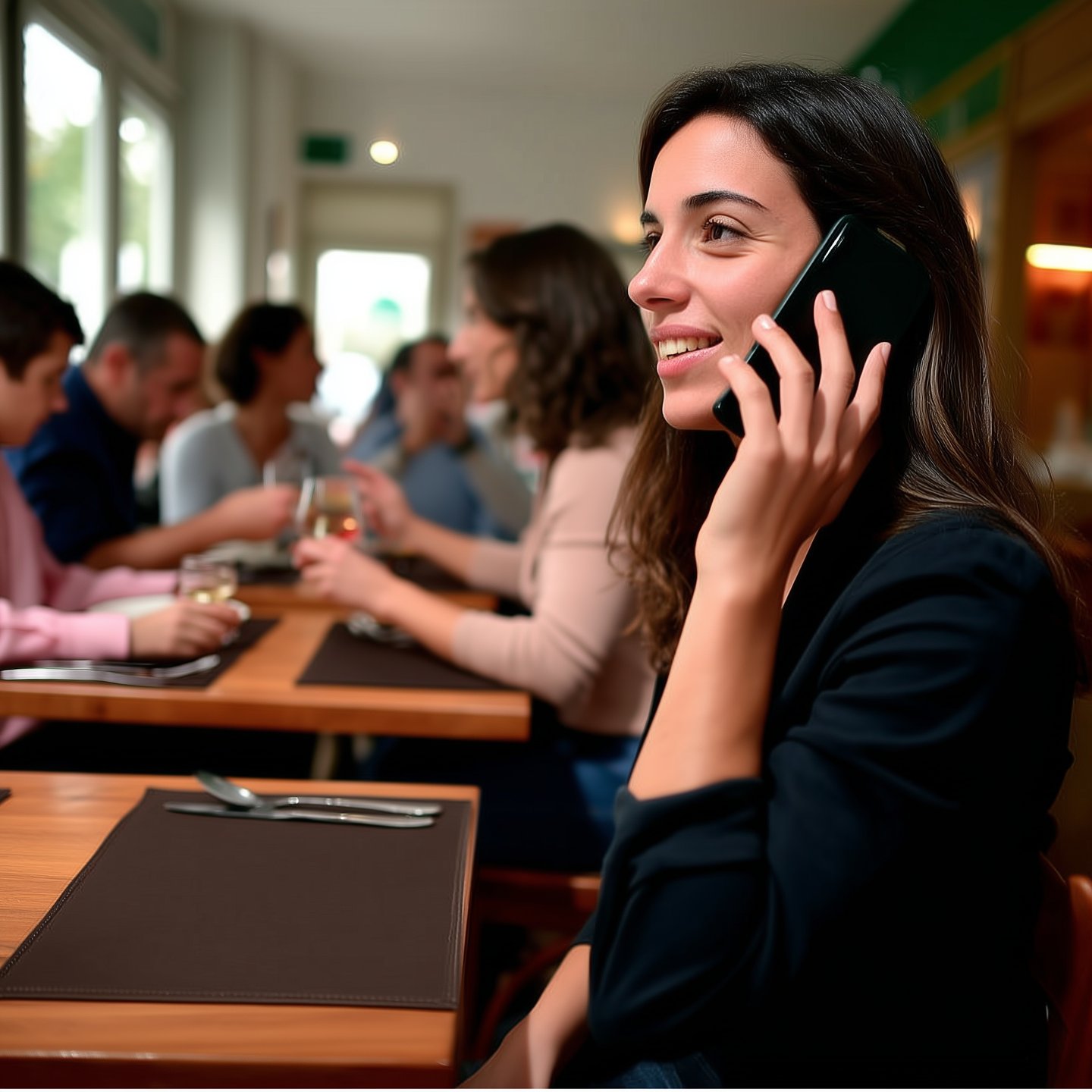 Una mujer sonriente habla por su celular mientras cena con amigos en un restaurante lleno.