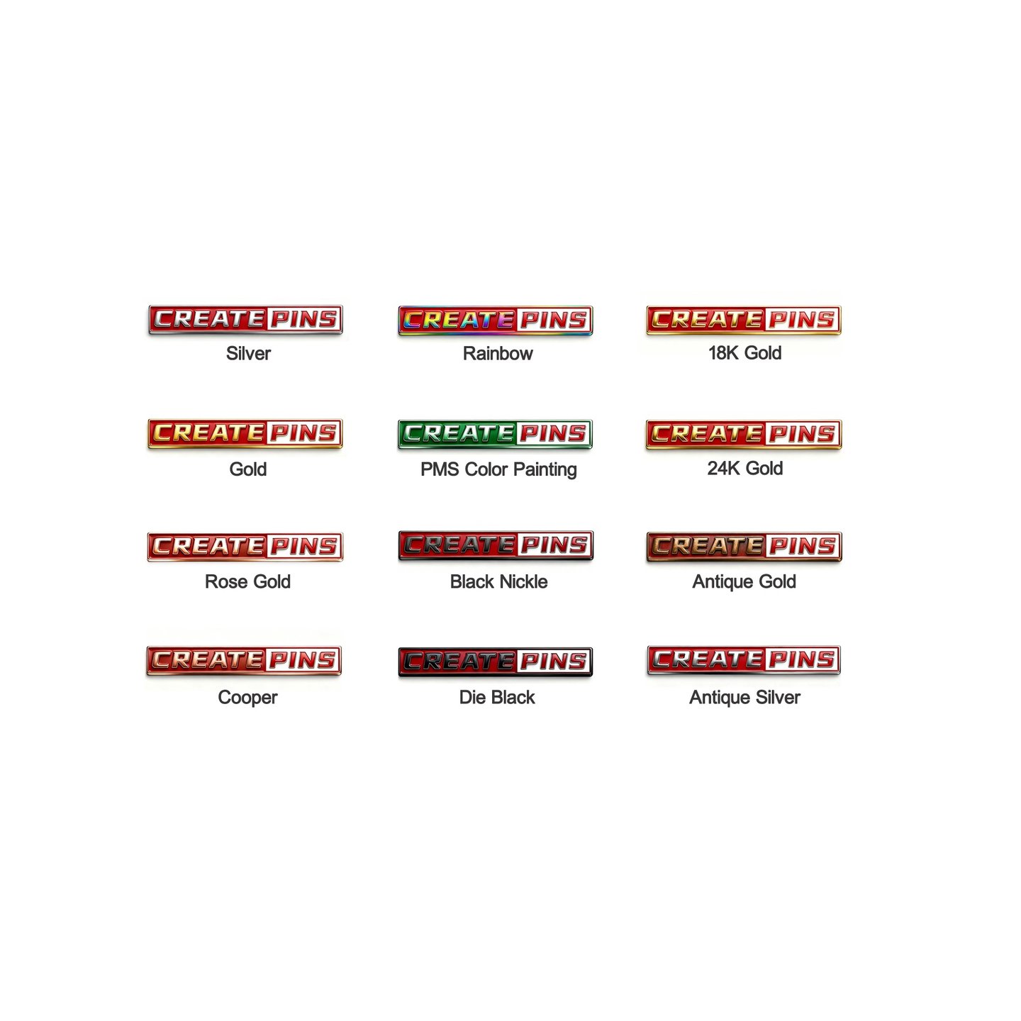 Createpins logo pins with multiple plating colors