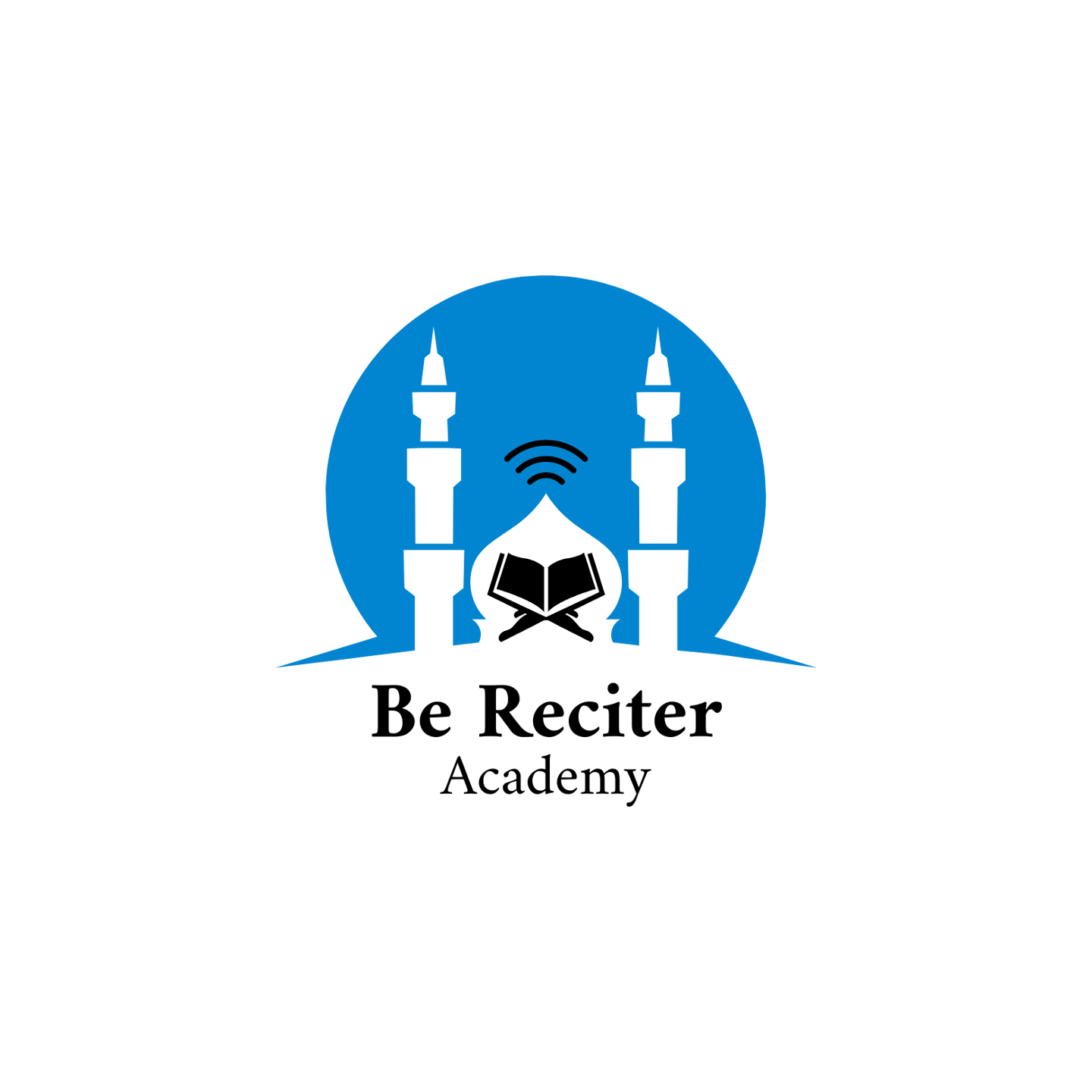 Be Reciter Academy logo featuring a blue mosque silhouette with an open Quran icon for online Islamic learning.