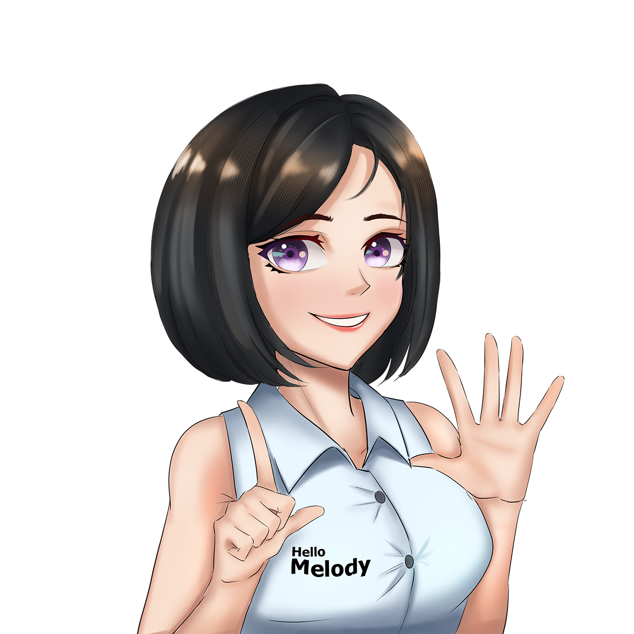 a woman with a white shirt and purple shirt