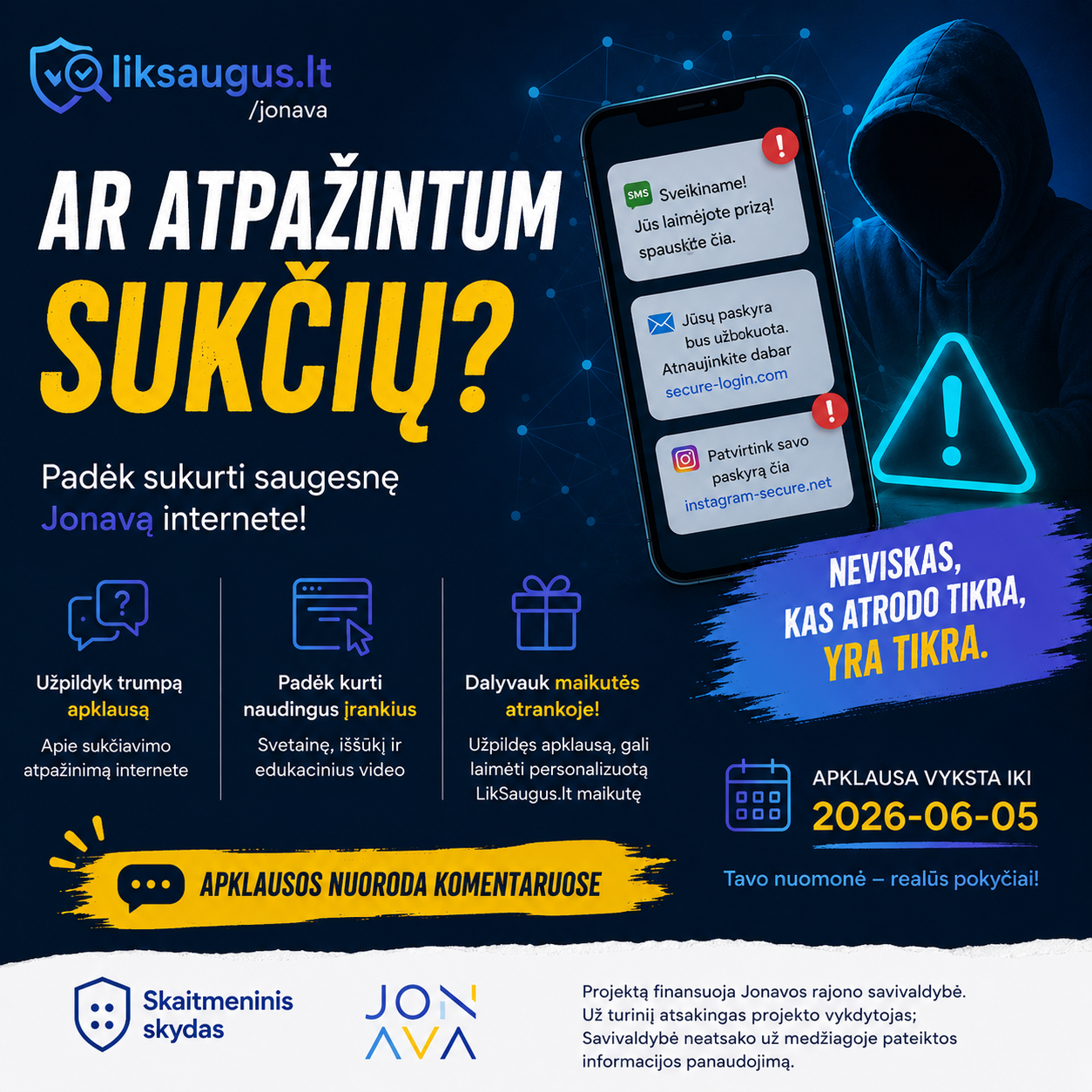 Educational infographic about online fraud prevention and phishing scams awareness in Jonava.