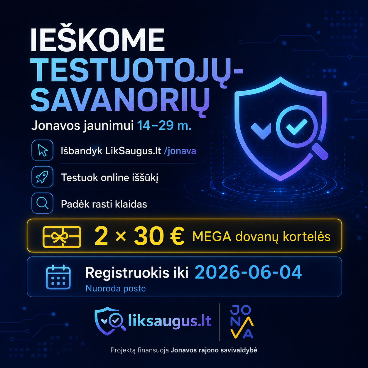 Digital poster for volunteer website testers in Jonava with prize gift card details.