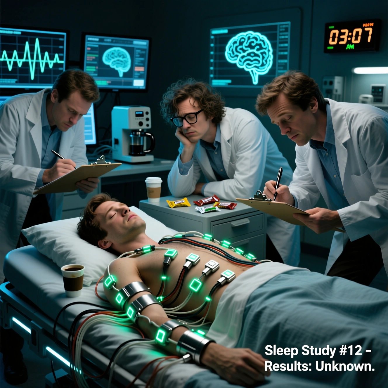 Humorous sleep research lab: scientists awake all night studying sleeping subject covered in wires