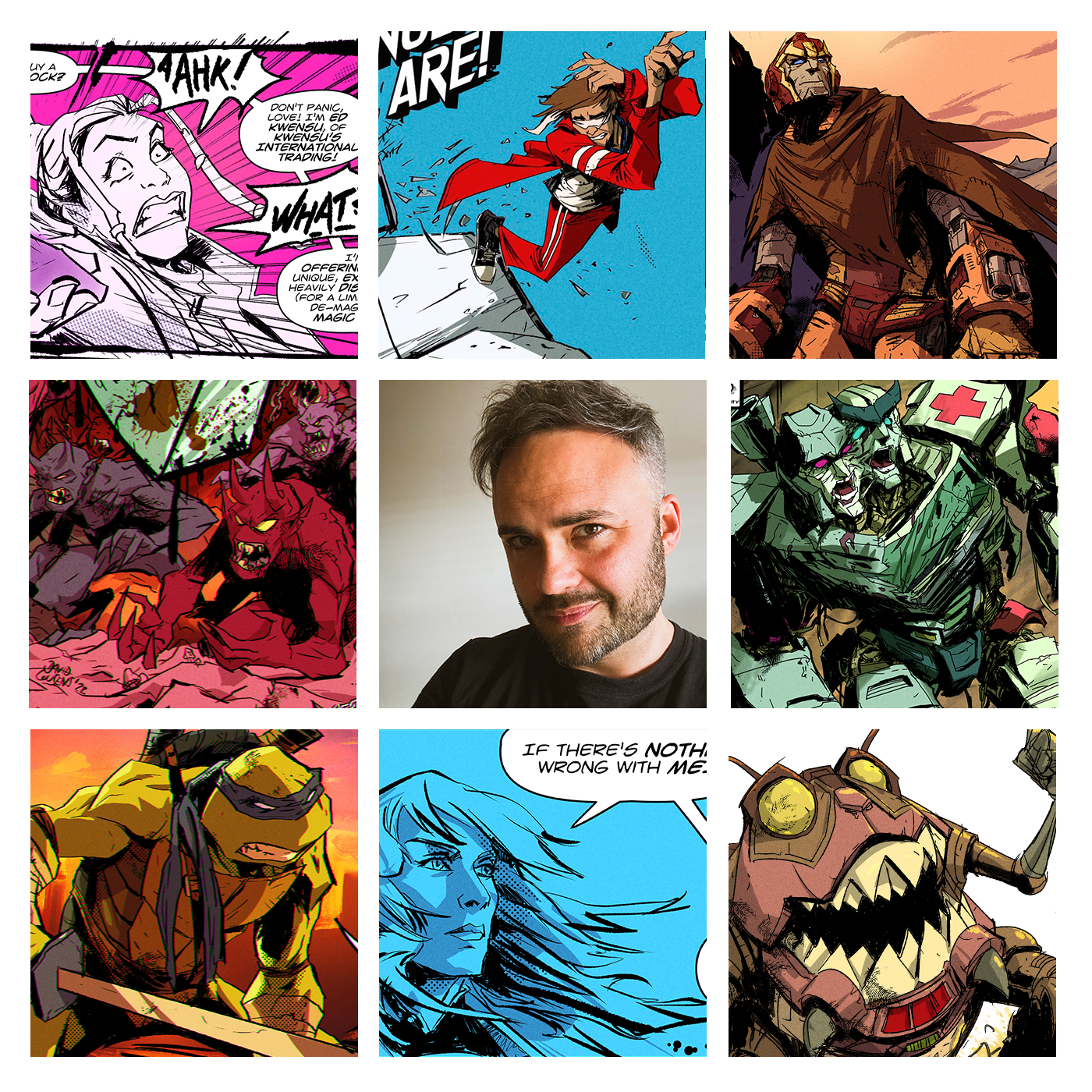 a grid of 9 images containing art drawn by David Cousens, and a photo of David in the middle