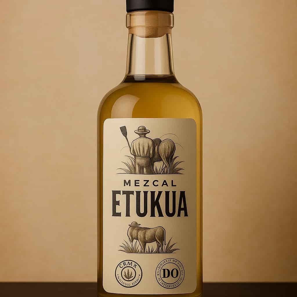 Botella de mezcal con etiqueta que muestra certificaciones CRM y DO