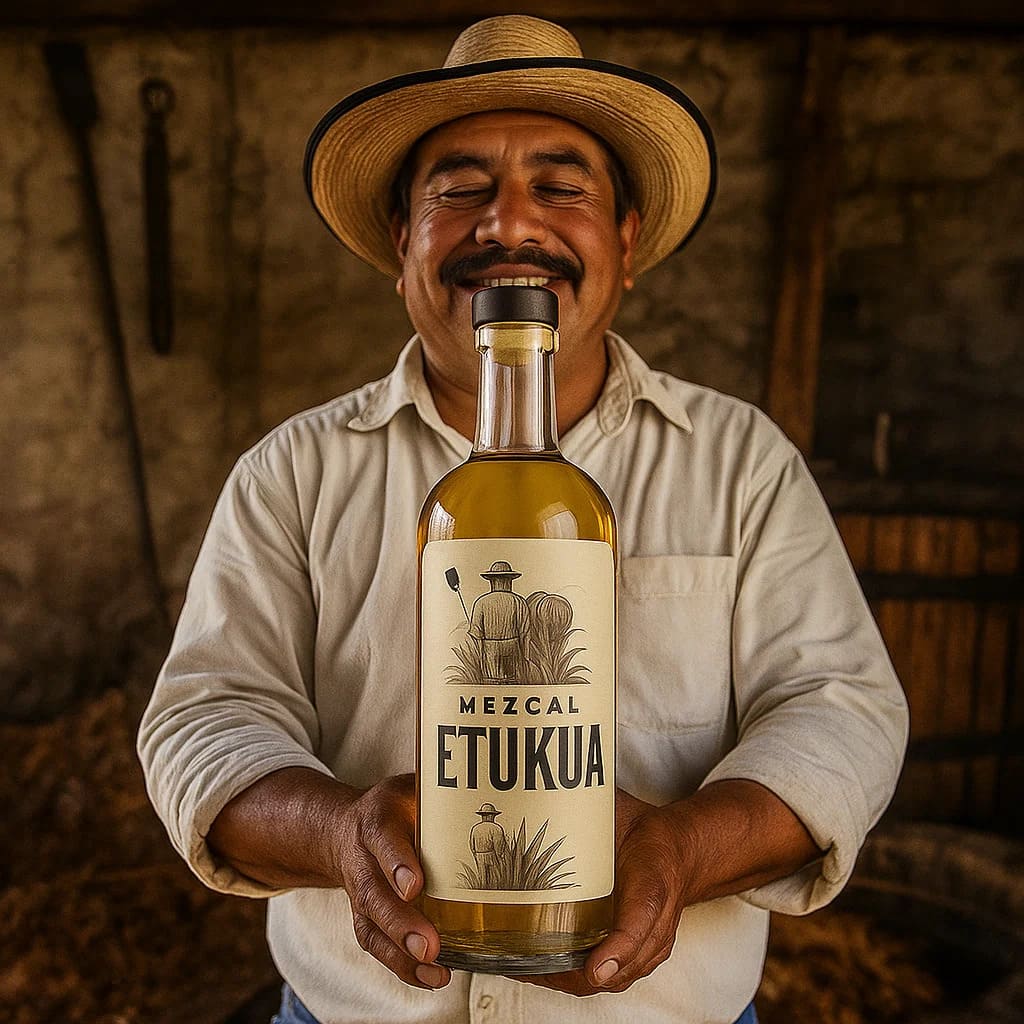Maestro mezcalero mostrando orgullosamente su producción artesanal en un palenque tradicional, con h