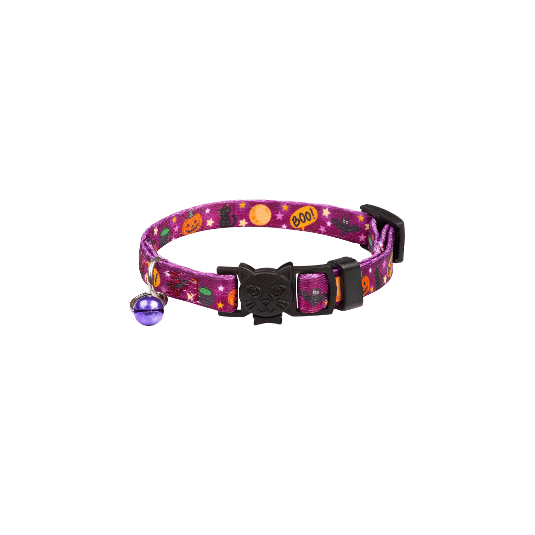 Pawnest® Meowgic Boo Halloween cat collar – purple spooky design with safe cat-face buckle and bell.