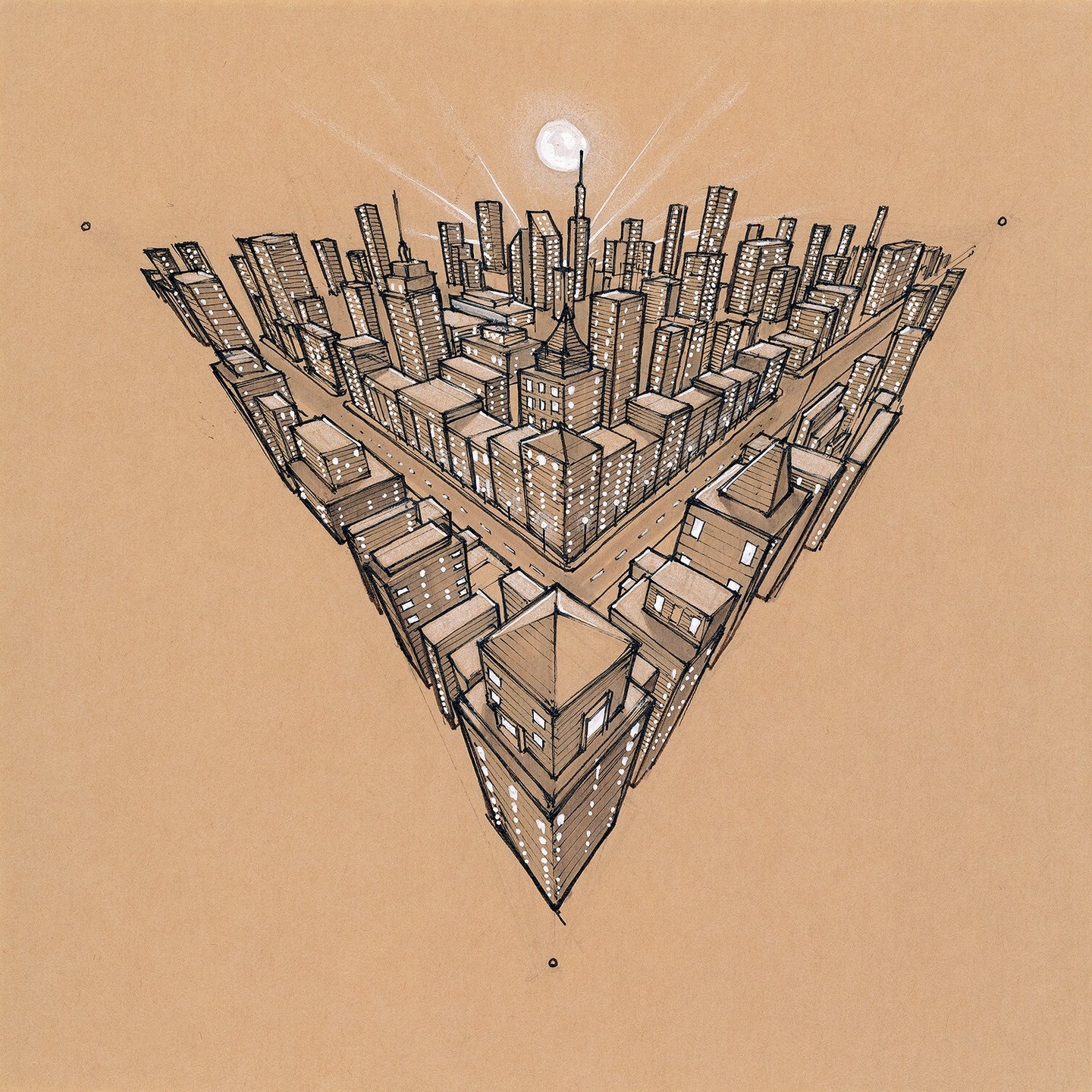 Hand-drawn urban sketch of a cityscape at night in a sharp triangular forced perspective.