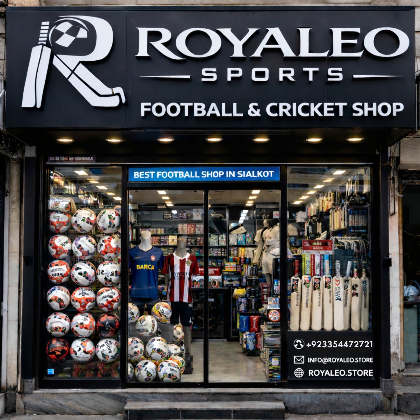 Royaleo Sports storefront in Sialkot featuring footballs and cricket bats on display.