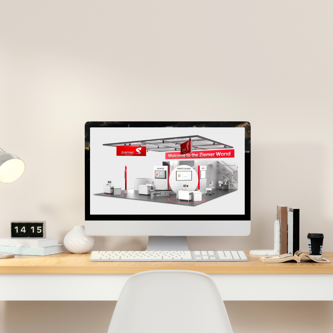Ein Computerbildschirm zeigt ein Messestand-Rendering für Ziemer.