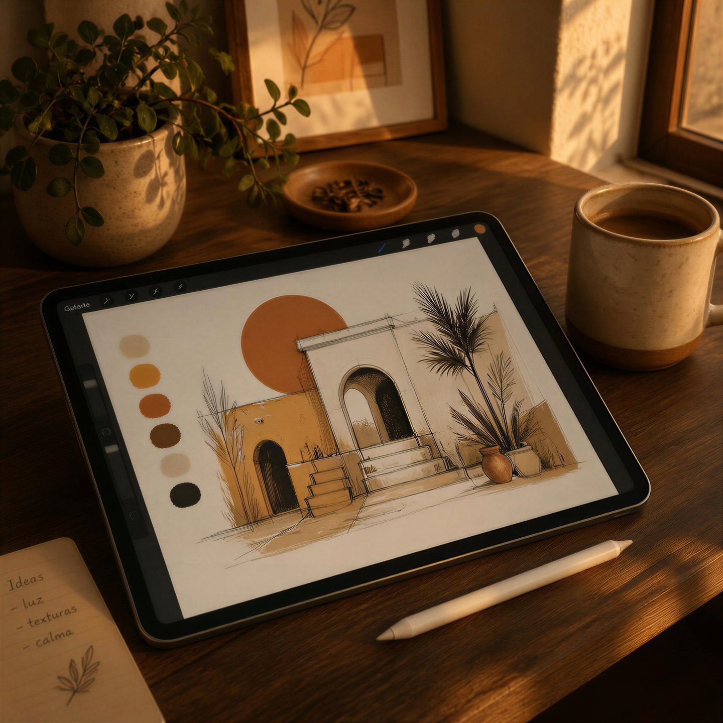 Digital drawing tablet with retro sketch on wooden desk.