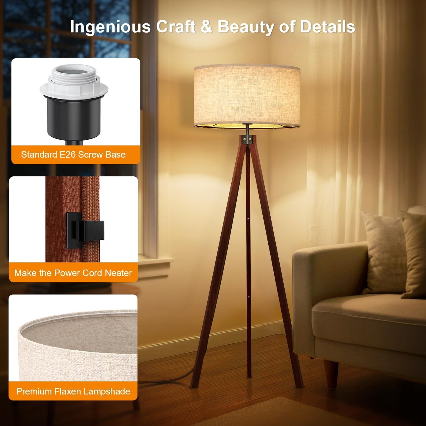 Mid-century wooden tripod floor lamp with flaxen drum shade and E26 base for modern living room lighting.