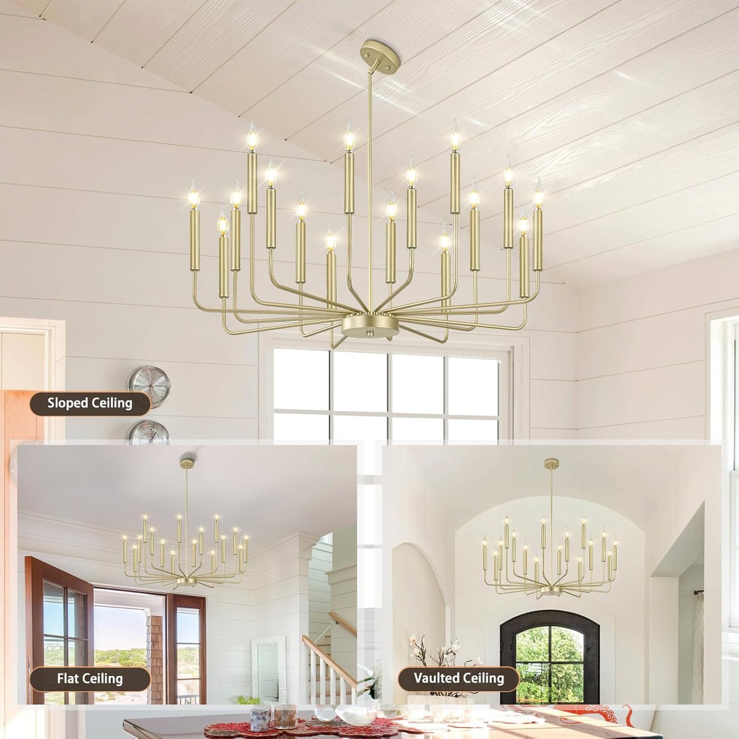 Modern 18-light gold candle chandelier for sloped, flat, and vaulted ceilings.