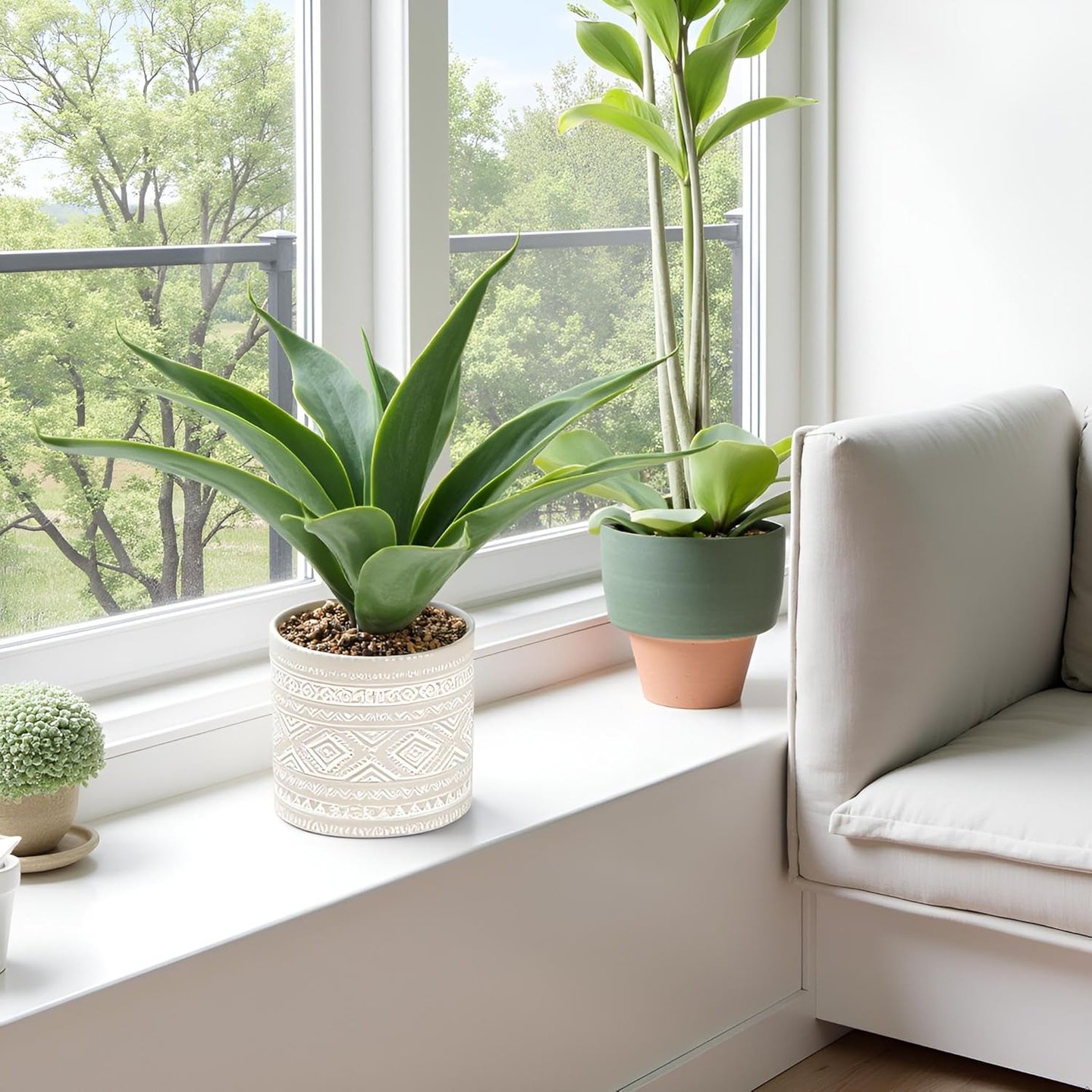 Artificial bamboo plant on a wooden dining table in a modern kitchen, enhancing home decor and accessibility.