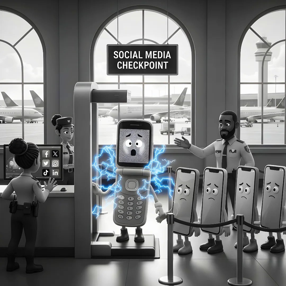 Anthropomorphic cellphones walk into TSA body scan to check what they've been doing on social media