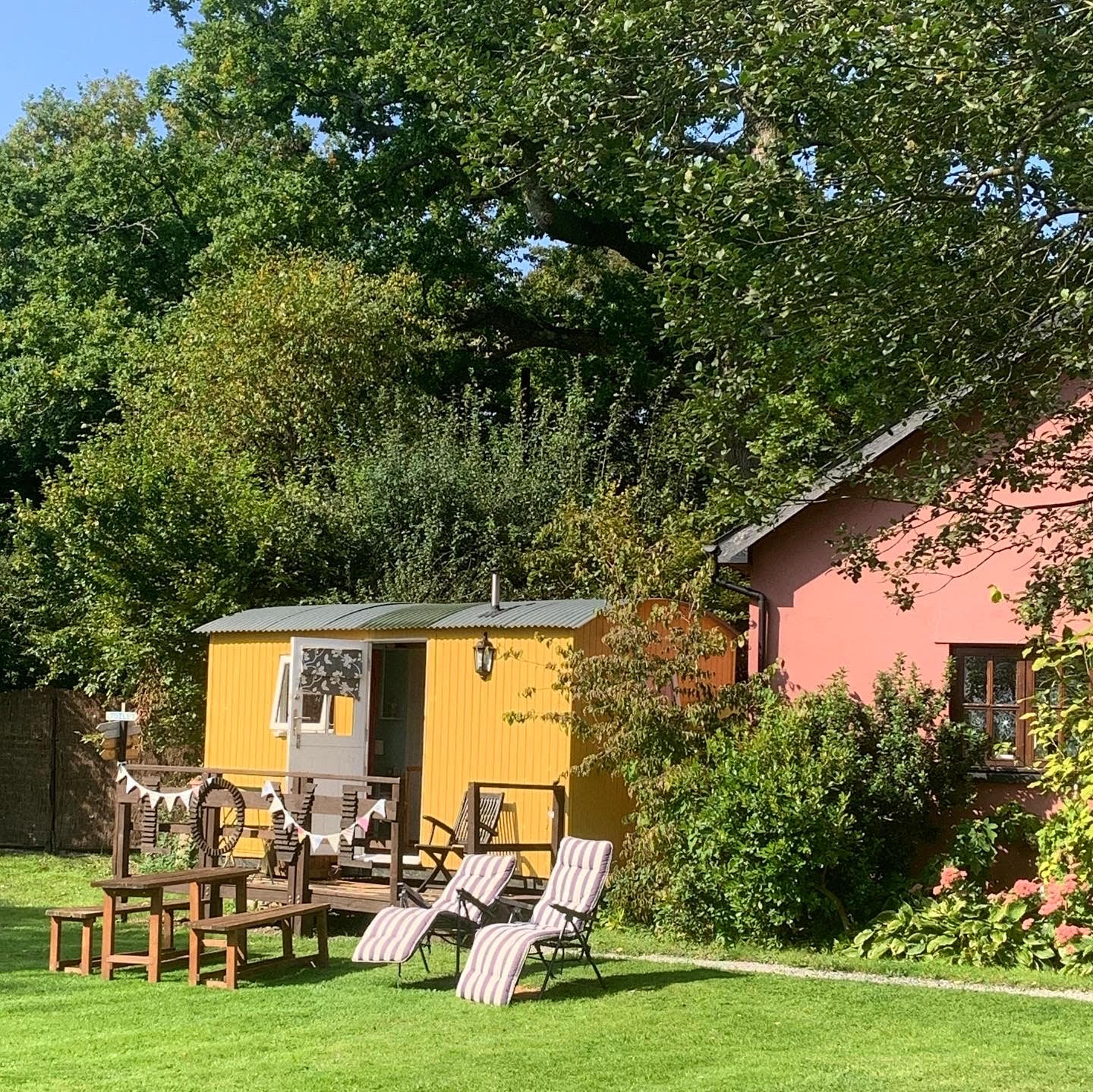 Yellow shepherd's hut glamping rental with a wooden picnic table and lounge chairs in a lush green garden.