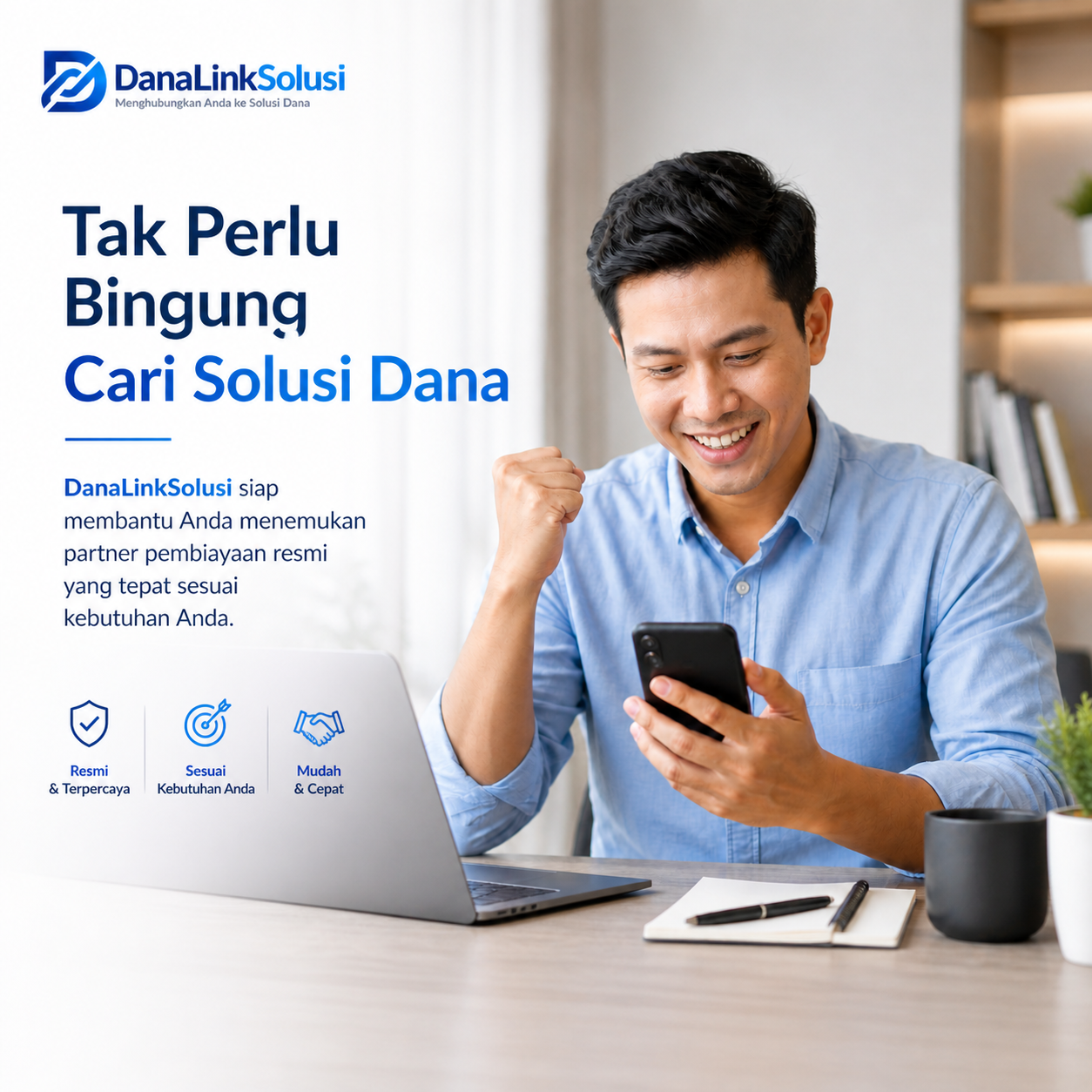 Smiling man using a smartphone and laptop for DanaLinkSolusi financial funding services.