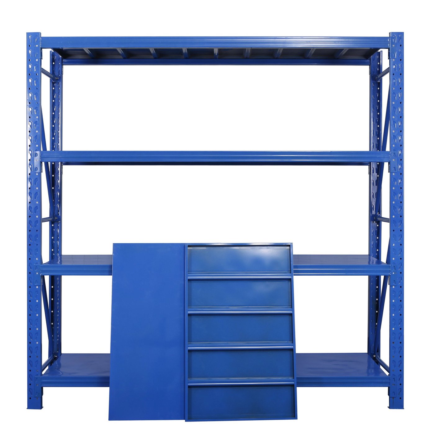 Heavy duty blue steel industrial shelving unit with adjustable storage racks for garage or warehouse.