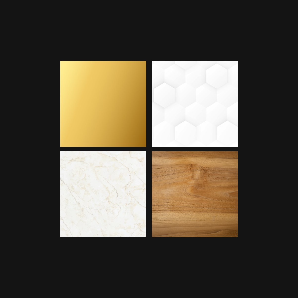Muestras de texturas de la marca: dorado, hexágonos, mármol y madera