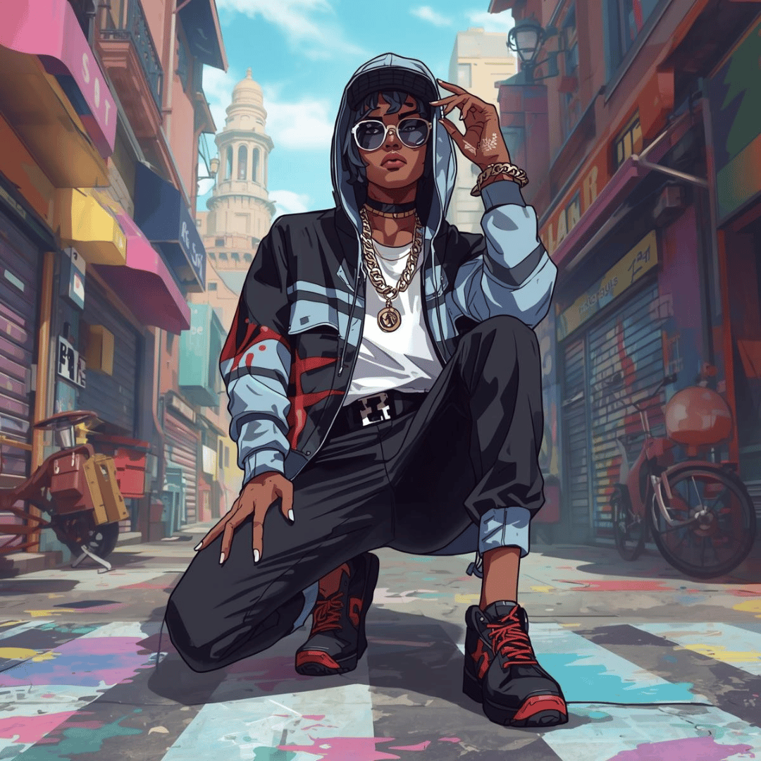 Anime style illustration of a woman in streetwear with a hoodie and sunglasses in a city alley.