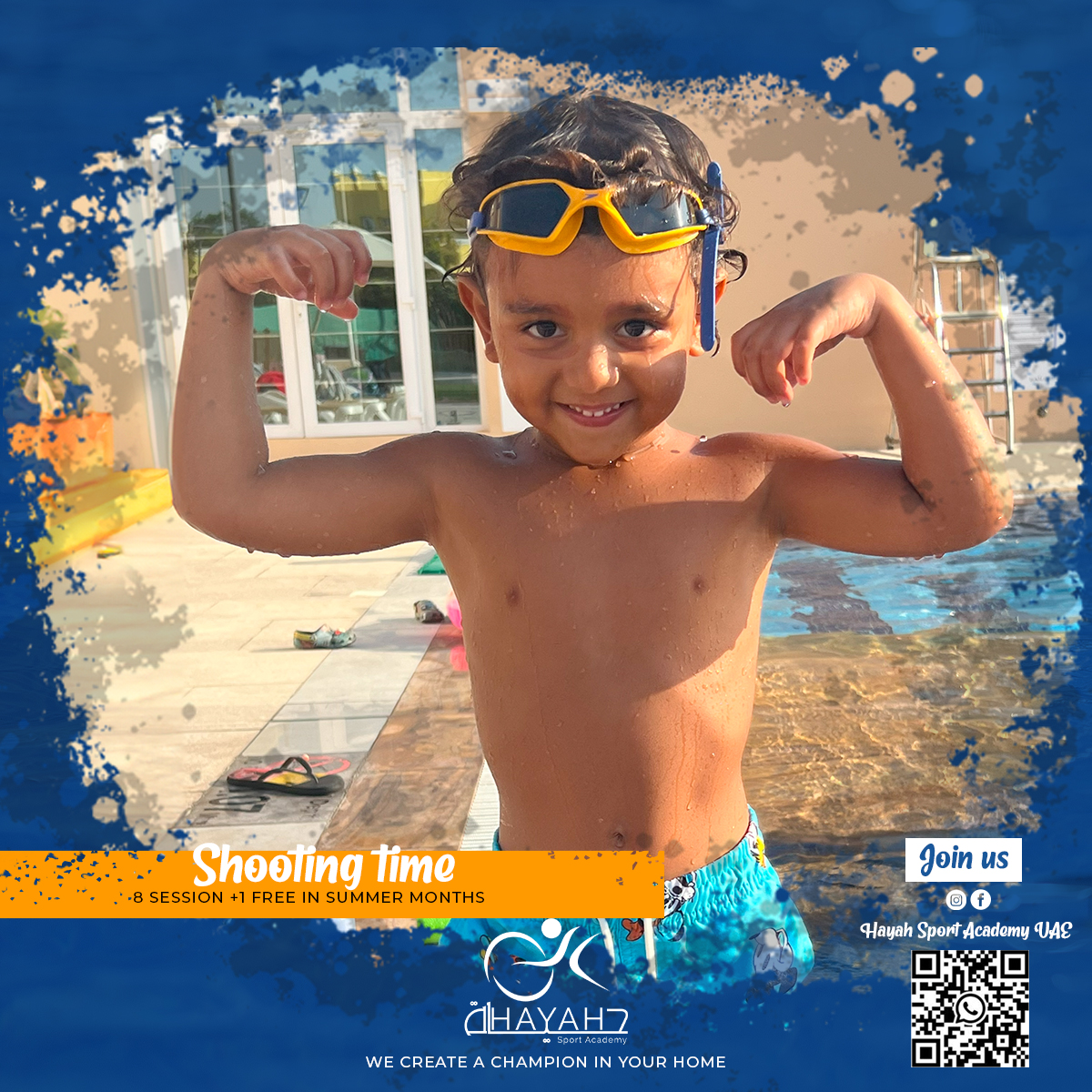 Young boy flexing muscles at a swimming pool during Hayah Sport Academy summer lessons.