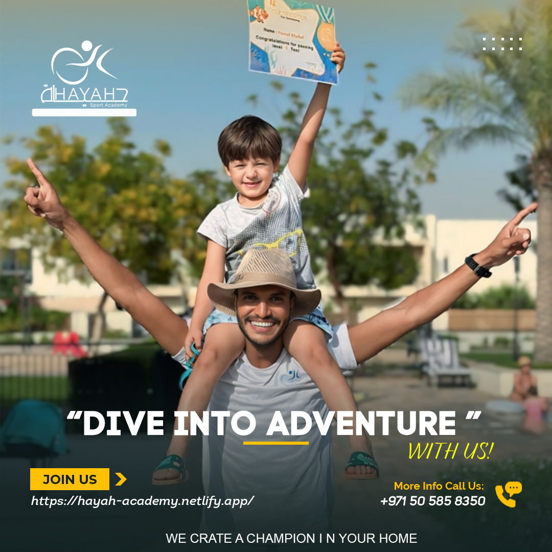 Young boy holding a swimming certificate on his father's shoulders at Hayah Sport Academy.