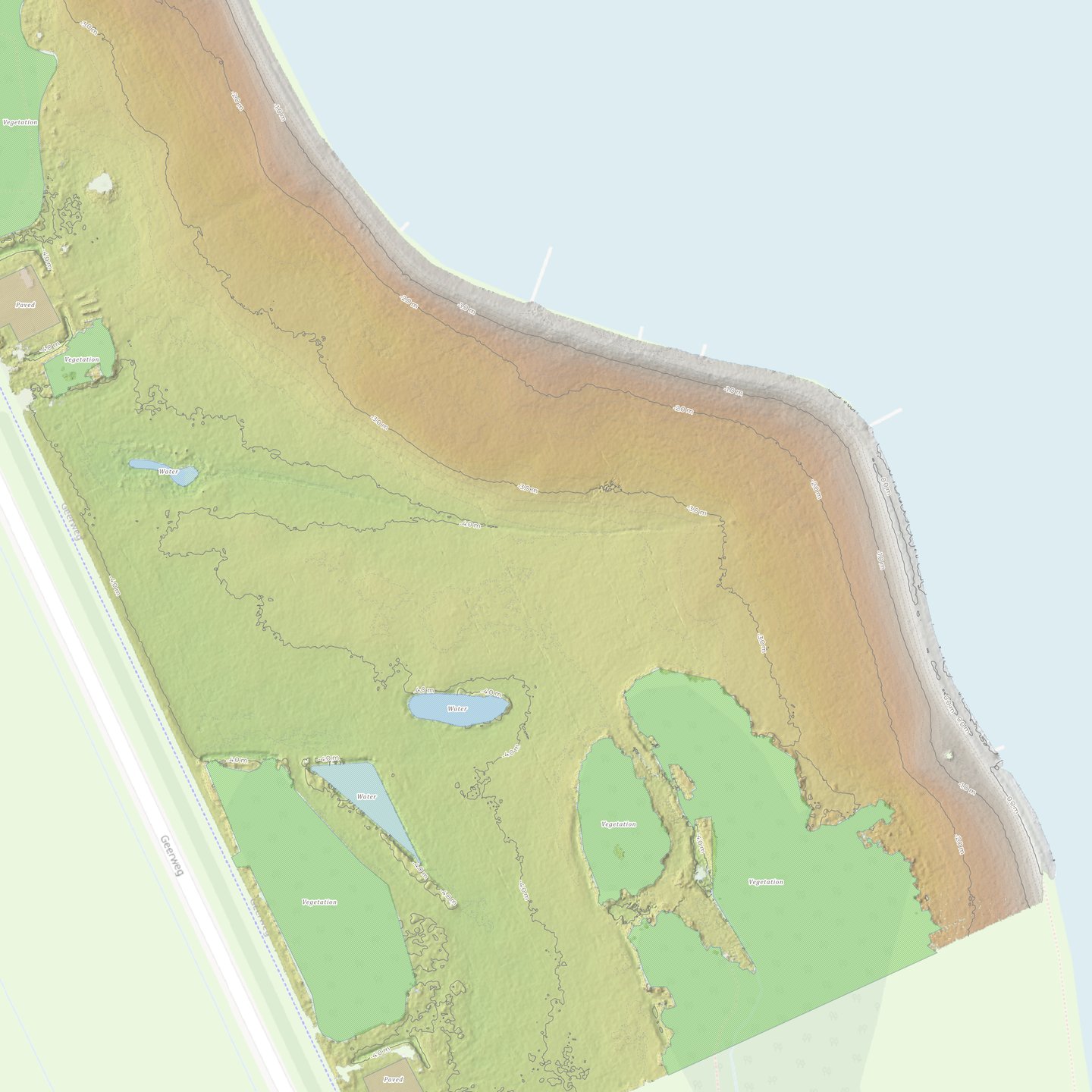 Digital surface model with contour lines and flow data — elevation mapping of a public space for dra