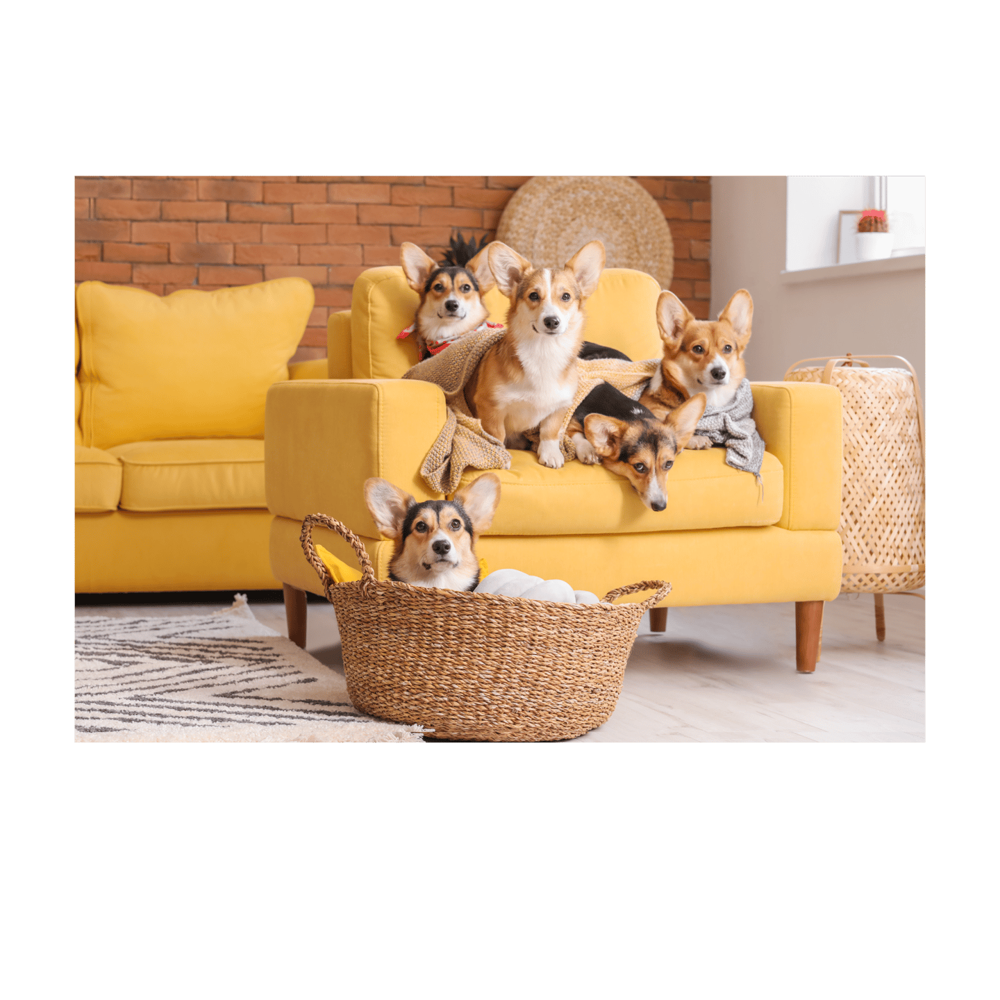 a dog sitting on a couch with a basket in front