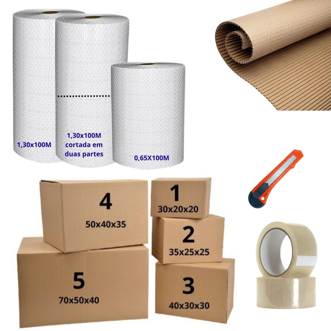Kit mudança zona norte: caixas reforçadas, plástico bolha e fita
