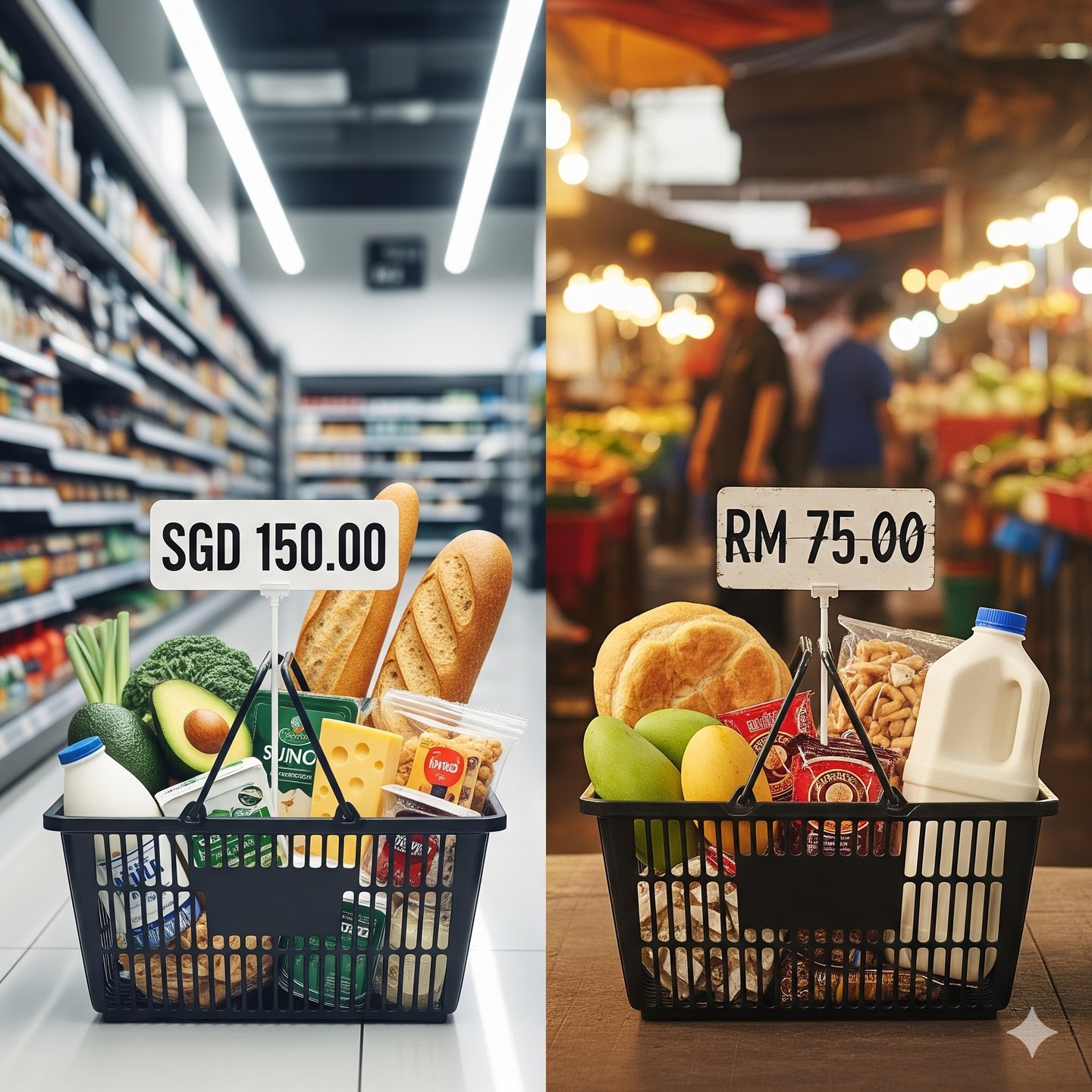 Lower cost of living in Malaysia. Grocery cost in Singapore (SGD 150) vs. Malaysia (RM 75).