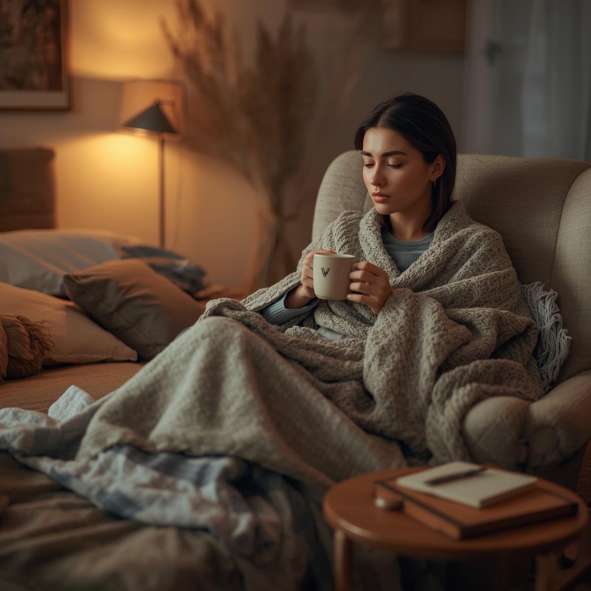 A woman wrapped up in a cozy blanket, in a dimly lit bedroom, sipping tea