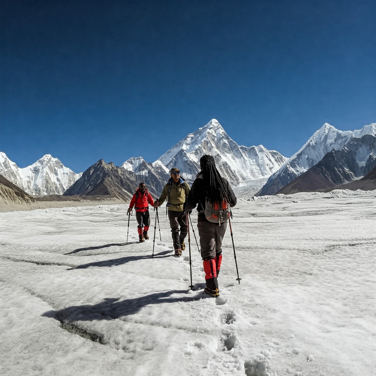 a group of people walking across a snow covered valley towards Ansoo Lake