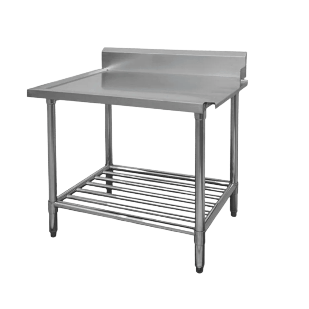 Stainless steel pass-through dishwasher inlet and outlet benches with a pipe undershelf.