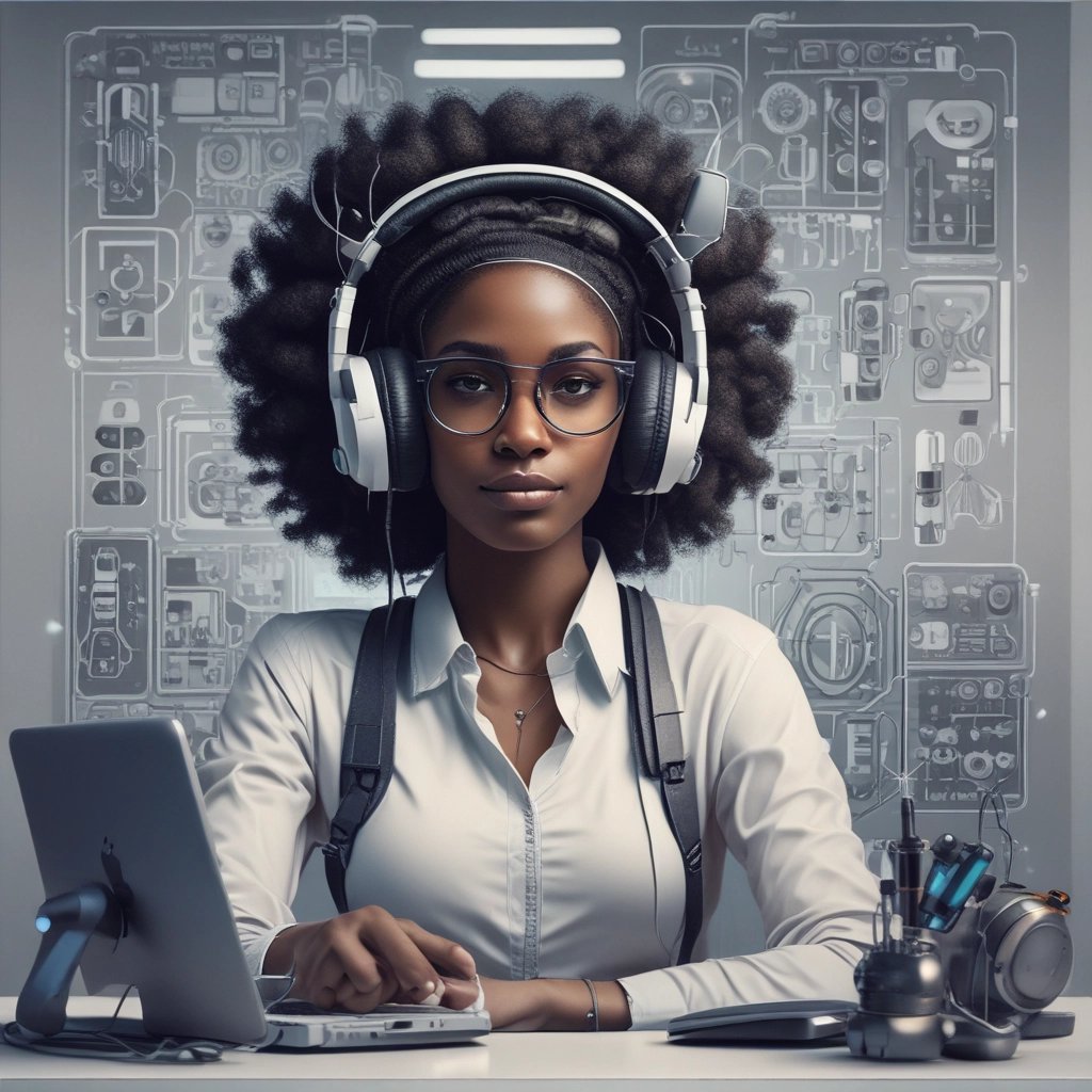 a woman in a white shirt and headphones with headphones on
