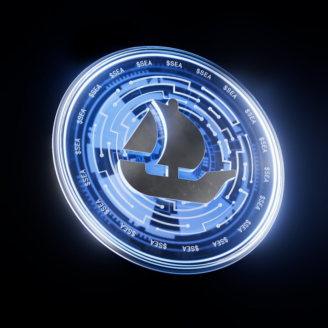 a blue circular shaped object with a sailboat in the background