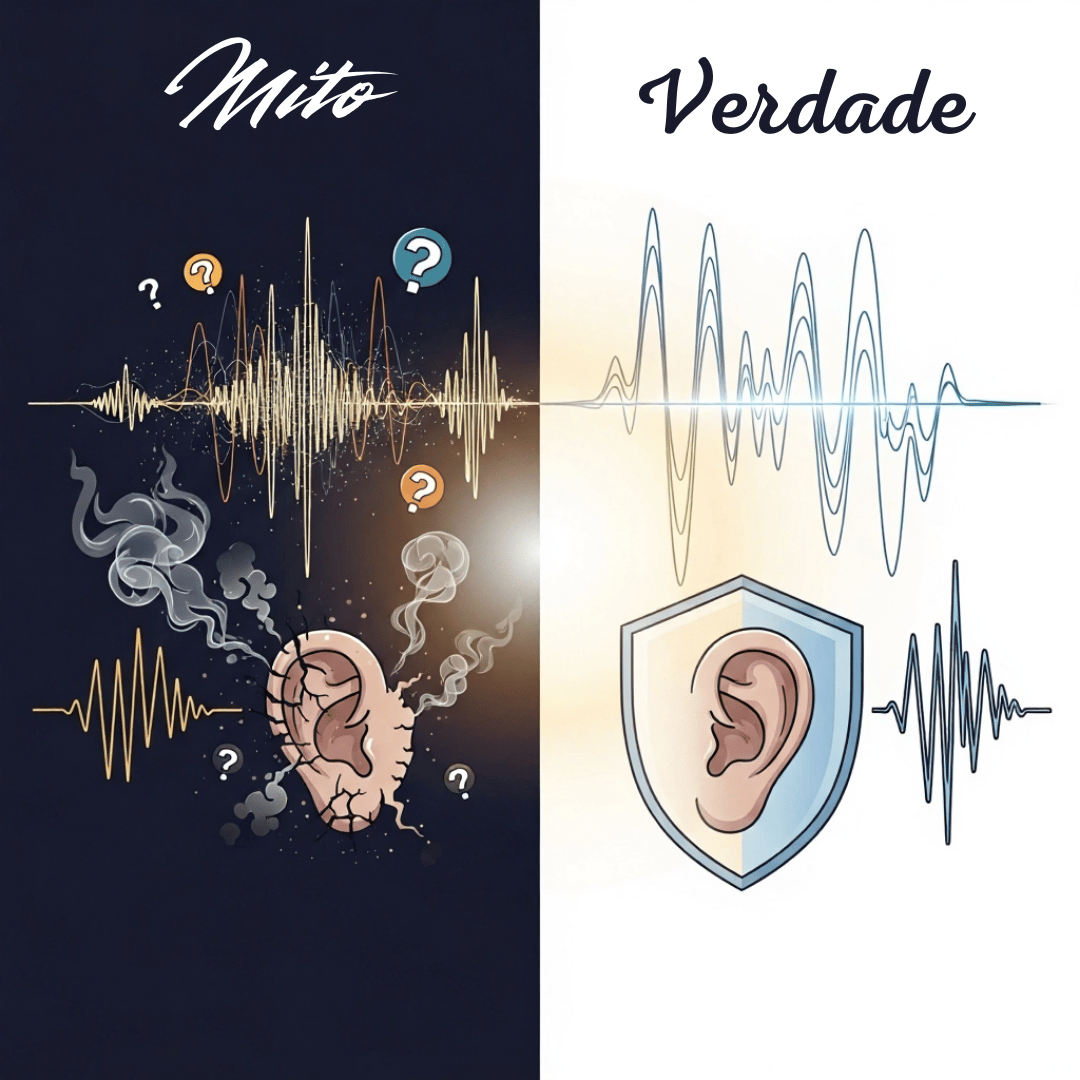 Mitos vs verdades sobre saúde auditiva: comparação visual entre danos e proteção da audição