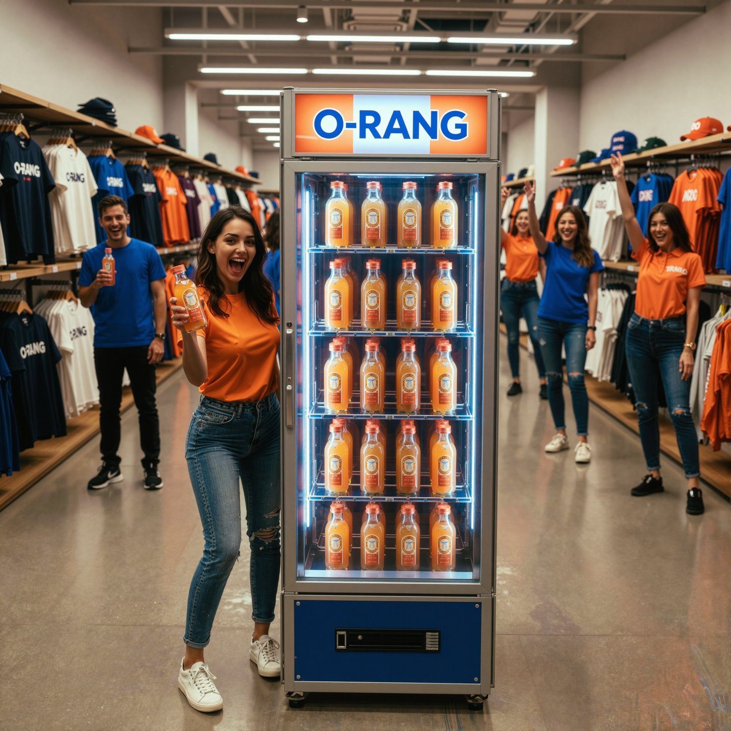Young people standing by the branded O-RNG drink vending machine drinking the branded product