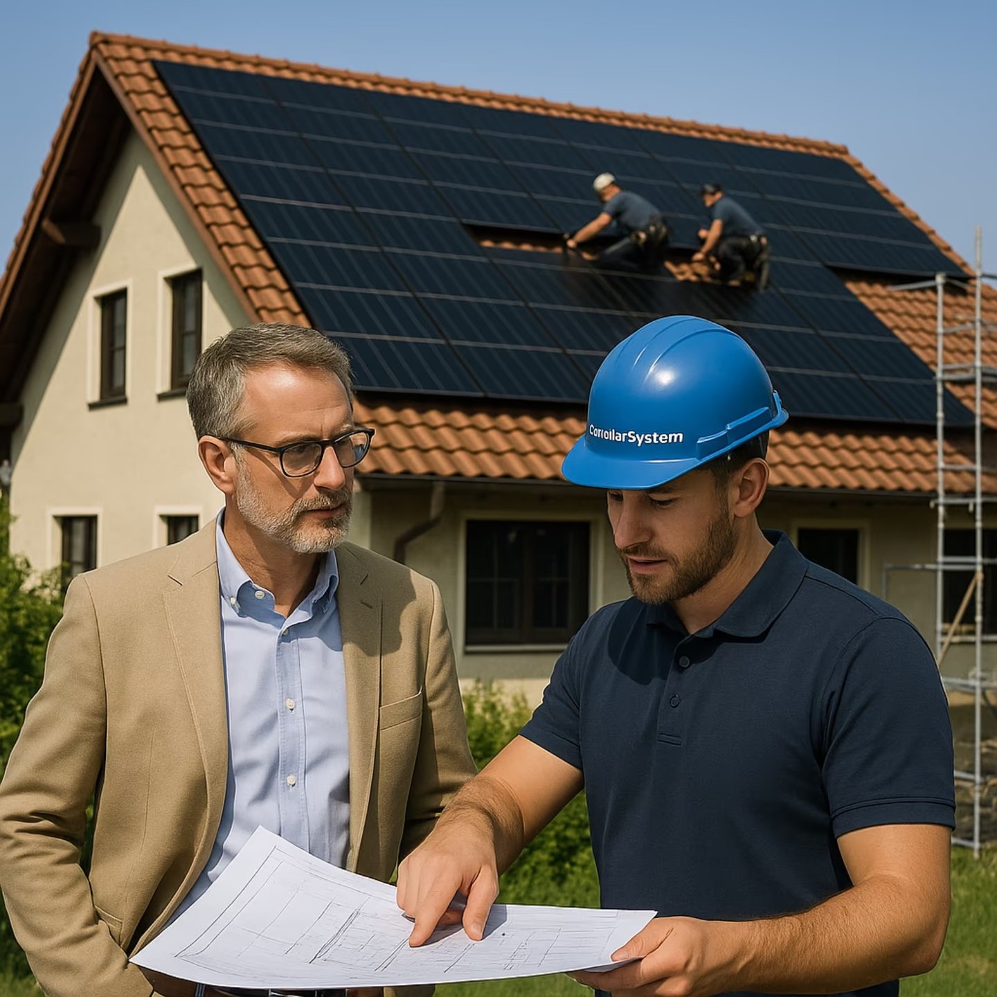 Zwei Männer stehen vor einem Haus mit Solarpaneelen.