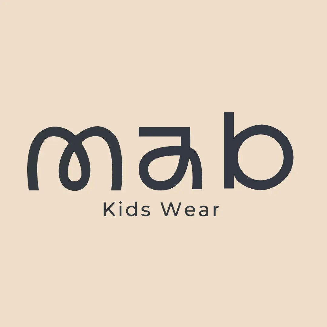 Mab Kids Wear logo in dark blue typography on a neutral cream background for children's fashion.