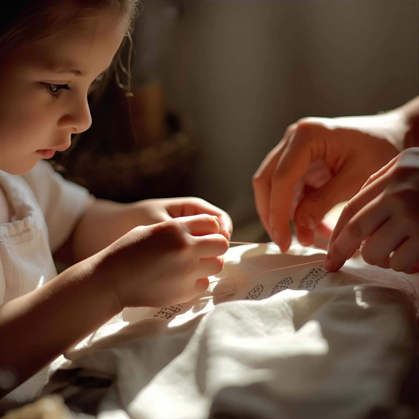 bambina che cuce. tramandare tradizioni sartoriali.  