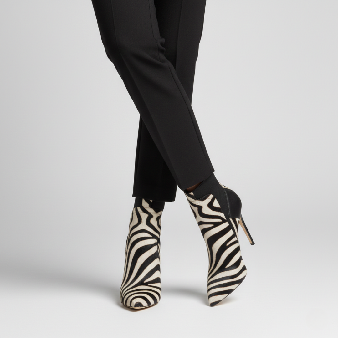 Stylish woman wearing zebra print pointed-toe stiletto ankle boots and black trousers.