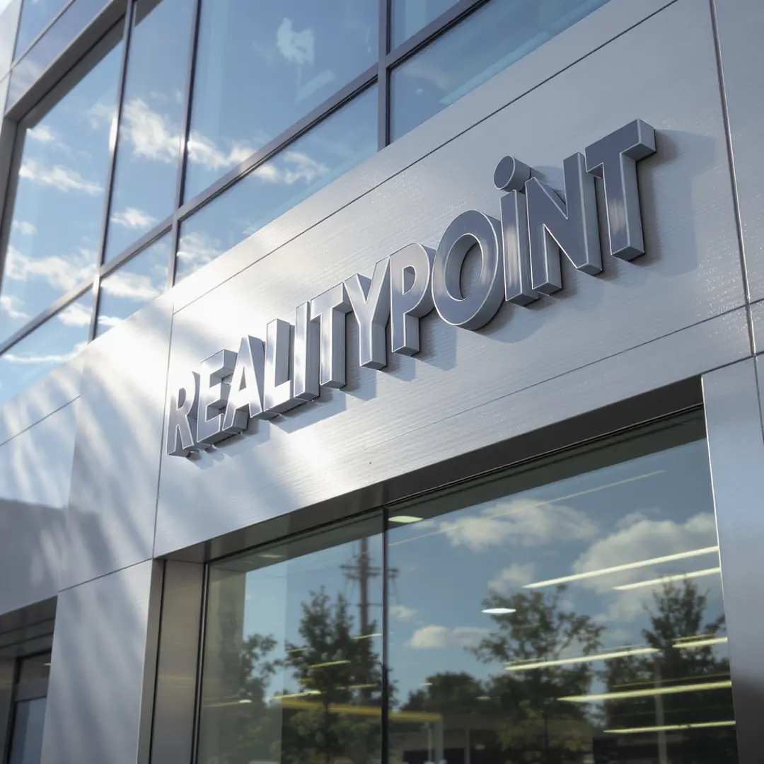 front view of building sign board name Reality Point